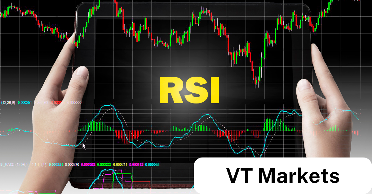 A visual representation of RSI (Relative Strength Index) in Forex trading, featuring a trader's hands interacting with a chart on a tablet. The chart displays candlestick patterns and RSI indicators, with the text 'RSI' highlighted in yellow. The VT Markets logo is prominently displayed, suggesting a partnership for trading platforms.