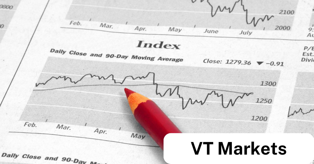 Red pencil pointing at an index chart with daily close and 90-day moving average, symbolising market analysis and indices trading insights with VT Markets.